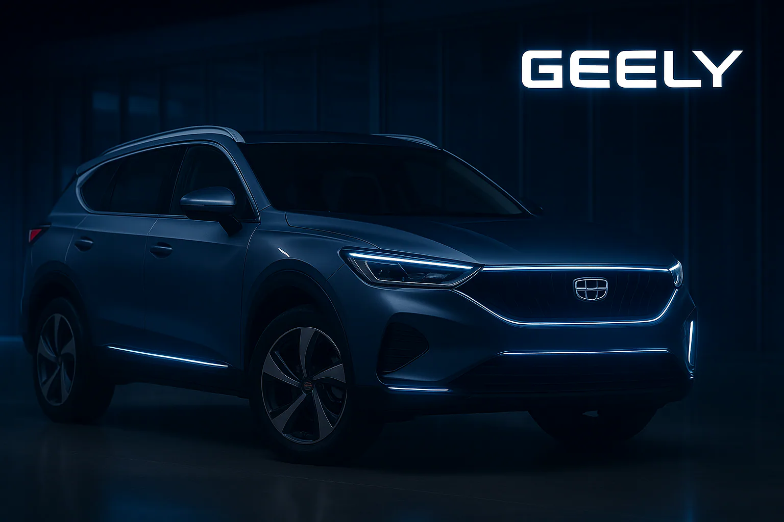 Крупный автомобиль Geely, стеклянный фон